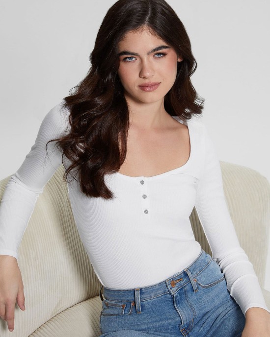 Eco White Karlee Long Sleeve Henley T-Shirt Eco White Karlee Long Sleeve Henley T-Shirt