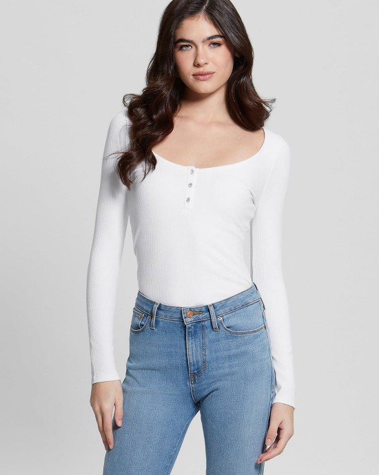 Eco White Karlee Long Sleeve Henley T-Shirt Eco White Karlee Long Sleeve Henley T-Shirt