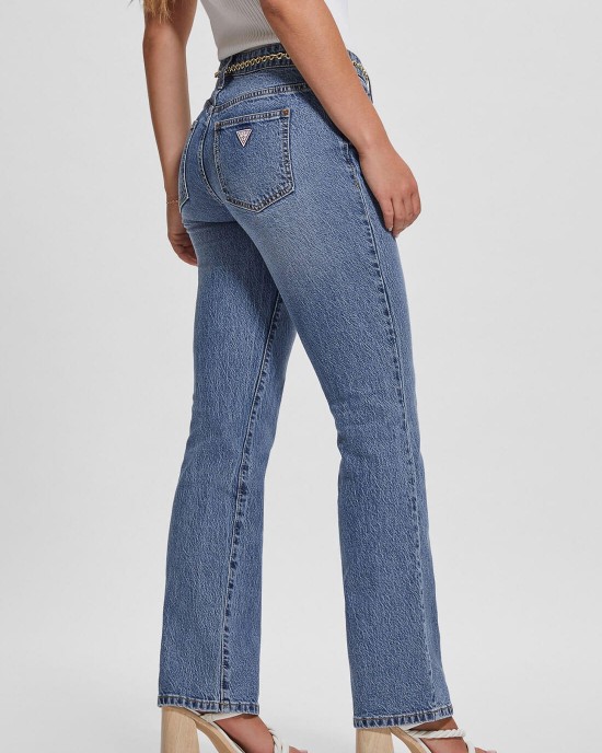 Mid-Rise G-Belt Sexy Straight Leg Denim Jeans In Lunar Blue Wash