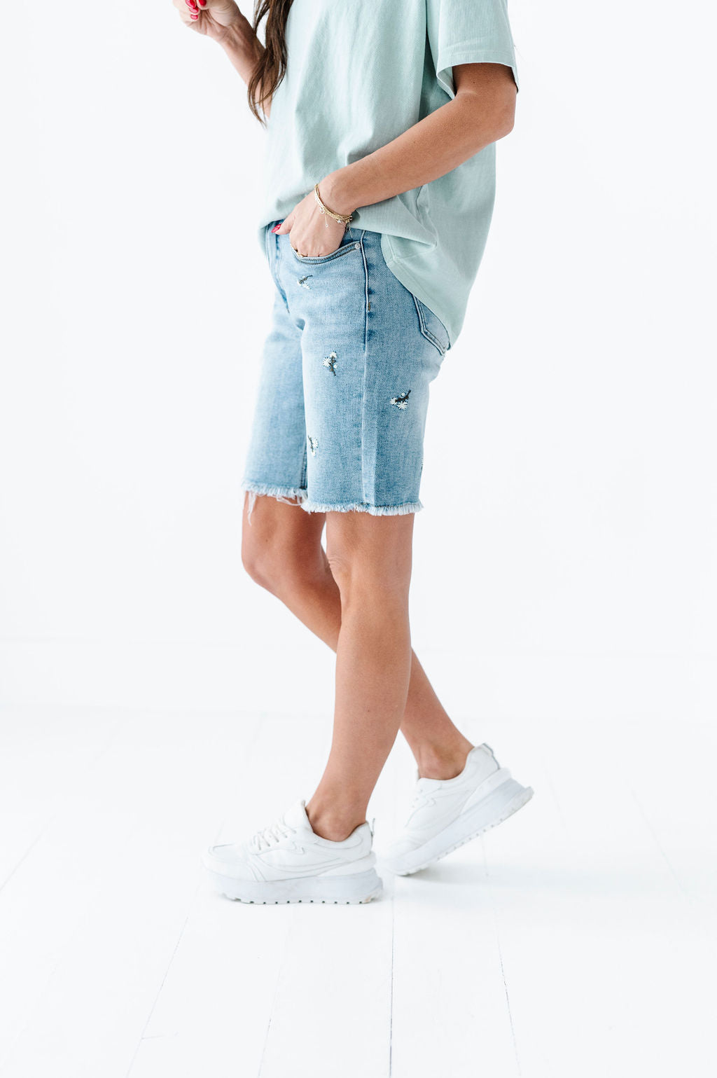 Sunny Embroidered Denim Bermuda Shorts